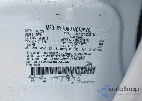 2025 Ford Maverick Xl z USA, uszkodzony, nr VIN 3FTTW8A34SRA67027